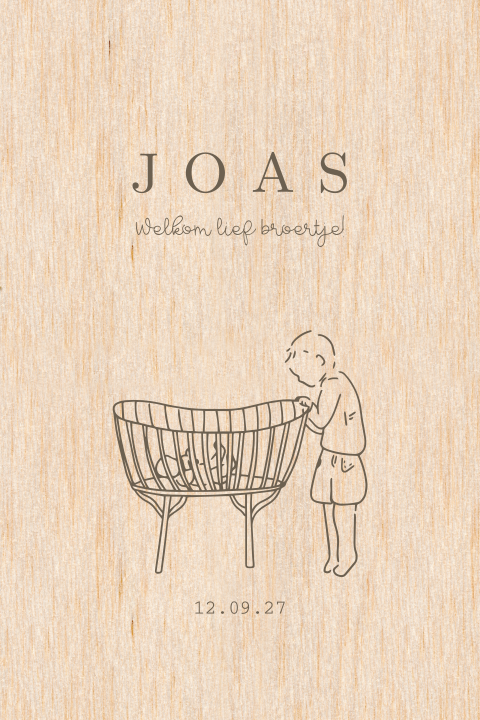 Geboortekaartje met wiegje op hout voor een jongen of meisje