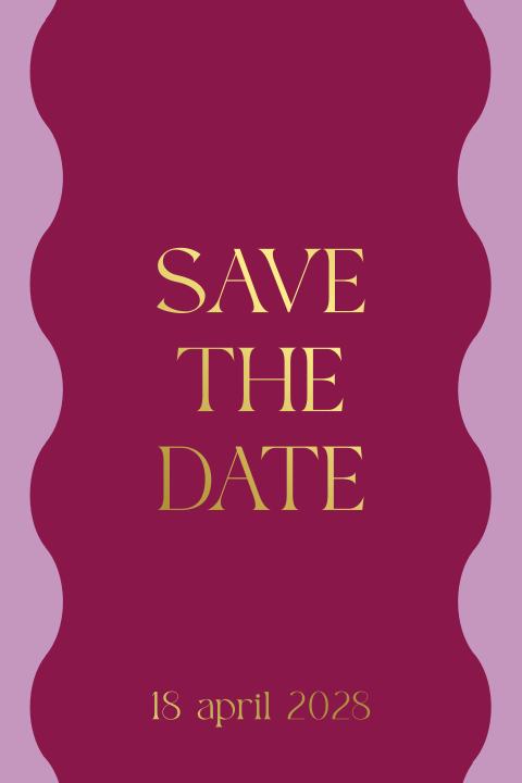 Save the date kaart met paarse en roze golvende rand en goudfolie
