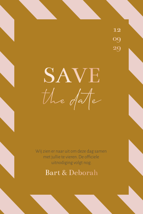 Save the date kaart met strepen roze en oker met rosefolie