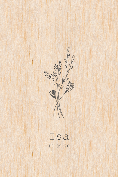 Geboortekaartje op hout minimalistische met boeketje