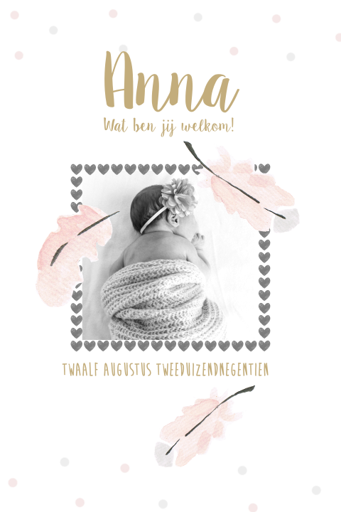 Geboortekaartje met newborn foto en watercolor veertjes