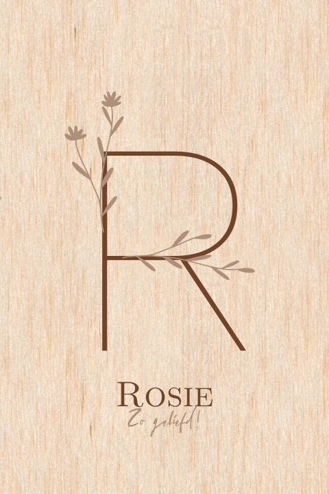 Geboortekaartje meisje met letter en bloemen op houten kaartje