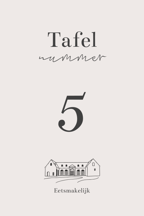 Tafelnummer kaartje met minimalistische tekening trouwlocatie