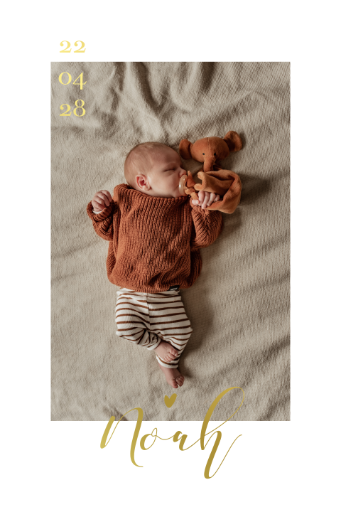 Geboortekaartje jongen meisje newborn foto hartje met goudfolie en