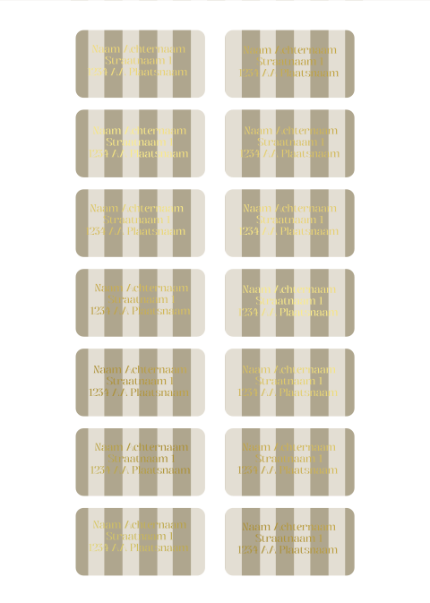 Adresstickers bruine strepen en goudfolie tekst