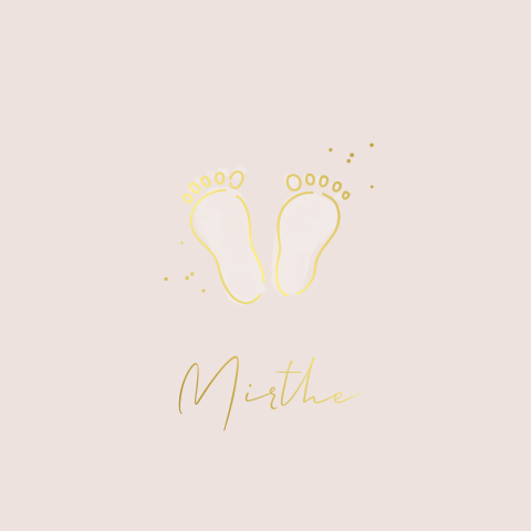 Christelijk geboortekaartje meisje babyvoetjes lichtroze en goudfolie