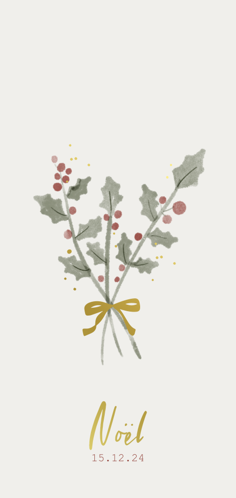 Geboortekaartje met geboortebloem december hulst en goudfolie