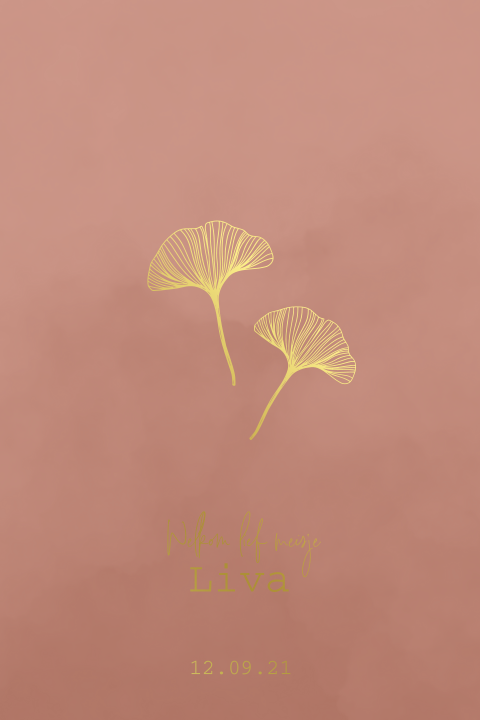 Geboortekaartje voor een meisje met Ginkgo blad oranje en goudfolie