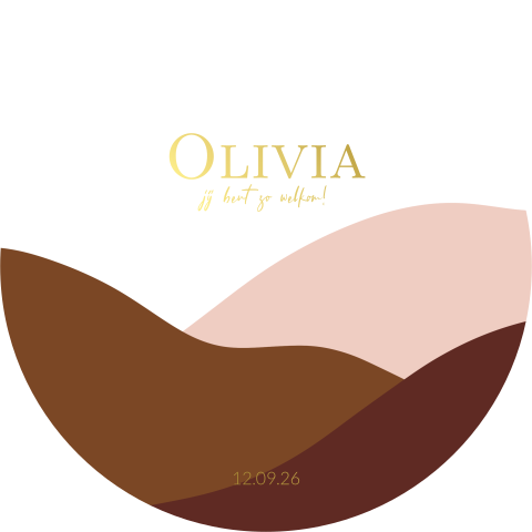 Rond geboortekaartje meisje retro oranje roze en bruin goudfolie