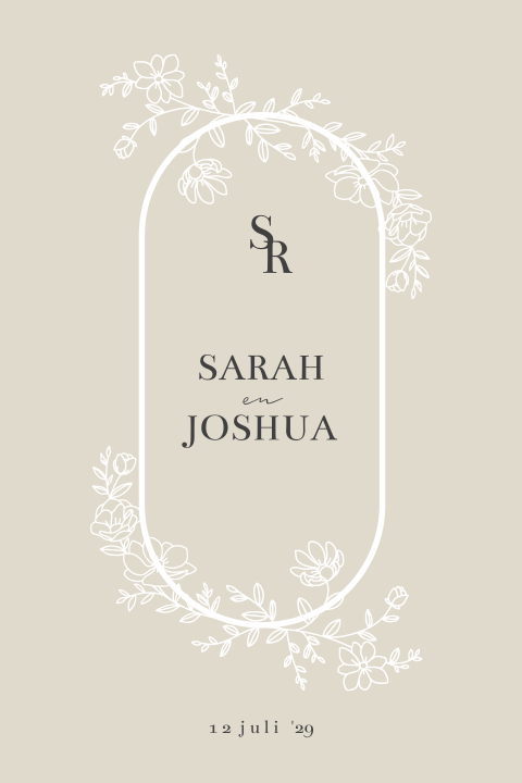 Klassieke trouwkaart met bloemen tekening krans met initialen