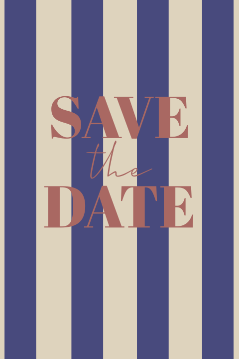 Save the date kaart donkerblauw beige en roze strepen