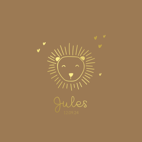 Geboortekaartje jongen meisje lijntekening leeuwenhoofd goud oranje