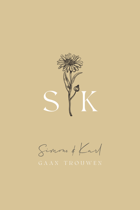 Trouwkaart met zonnebloem lijntekening geel en initialen