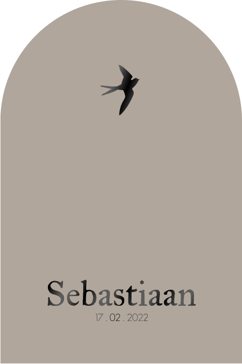 Zwartfolie kerkraam baby-rouwkaartje met zwaluw voor een jongen