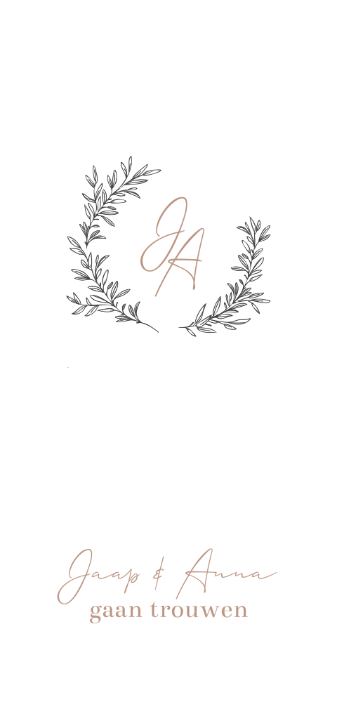 Klassieke trouwkaart met krans takje met initialen met roze en zwart