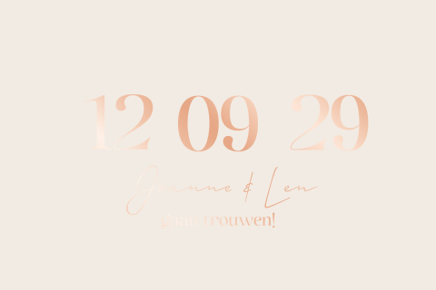 Klassieke trouwkaart datum groot voorop in rosefolie en zalm kleuren