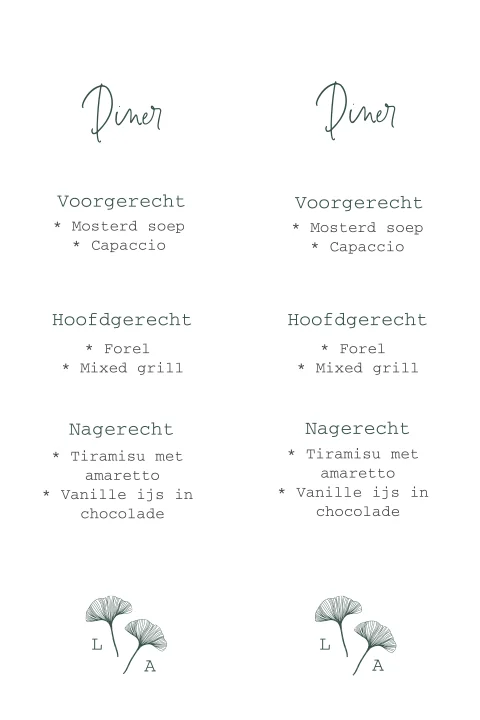 Menukaart bij trouwkaart met trouwlogo ginko blad