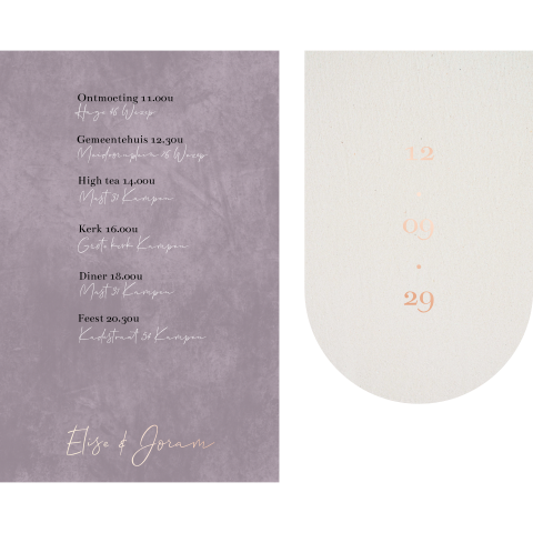 Trouwkaart lila paars labelkaart kraft met rosefolie