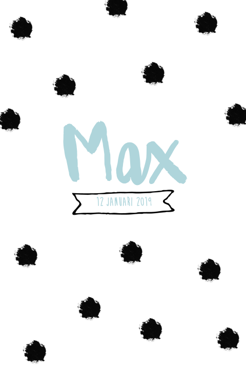 zwart wit geboortekaartje met blauwe tekst