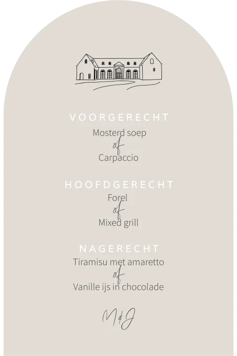 Menukaart met trouwlocatie molen de zwaluw bruiloft