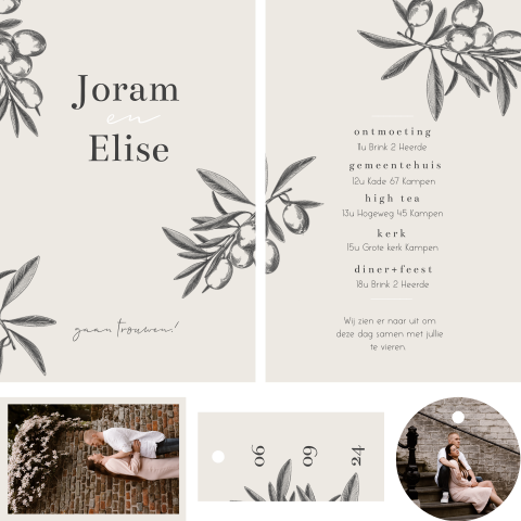 Trouwkaart pocketfold set met losse kaarten met olijftakjes