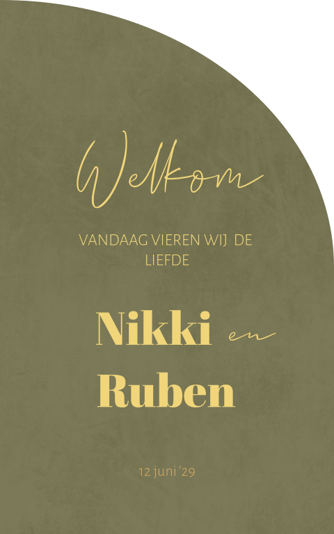 Bruiloftsbord halfrond velvet look groen en gouden letters