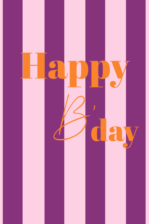 Verjaardagskaart Happy B'day donkerpaars lichtroze met strepen