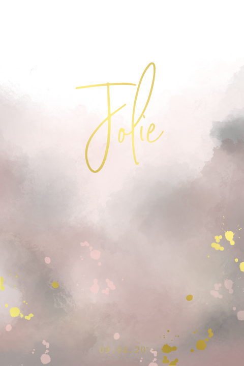 Meisjes geboortekaartje met watercolor vlekken en goudfolie