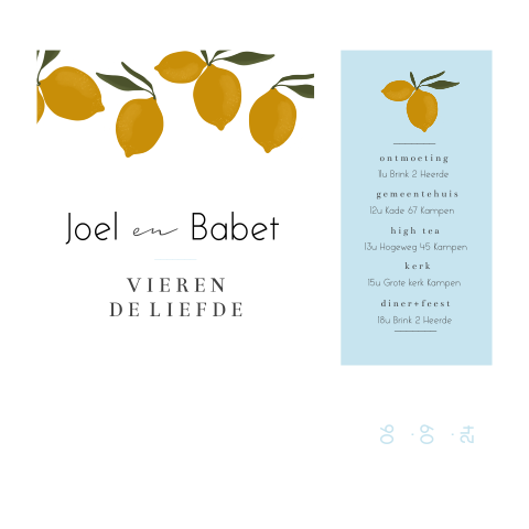 Trouwkaart italiaanse stijl citroentjes lichtblauw labeltjes