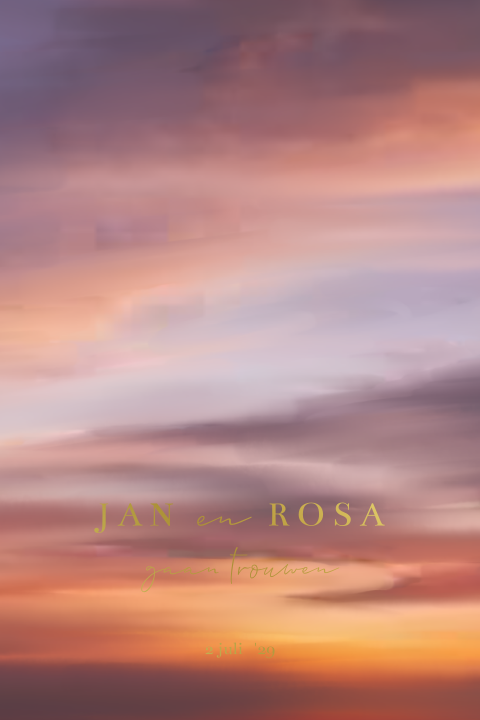 Trouwkaart schlidering zonsondergang opgang roze oranje paars met goudfolie