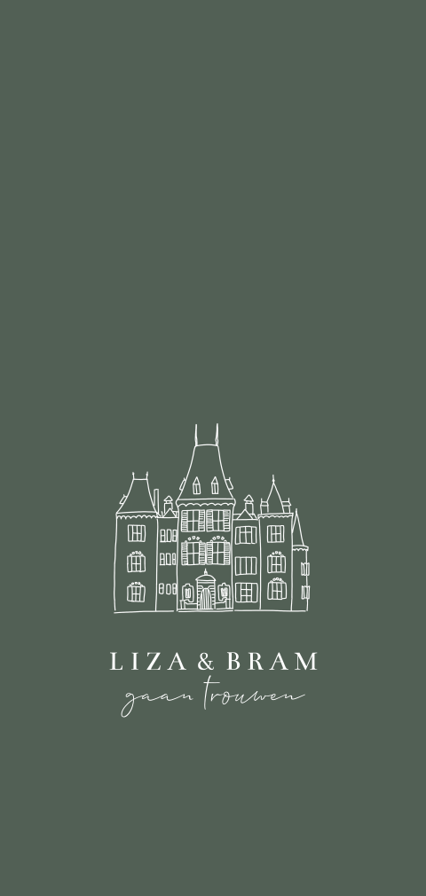 Trouwkaart met lijntekening van de locatie mimalistisch groen