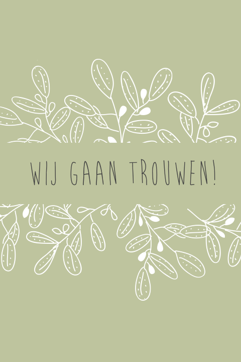 Trouwkaartje met takjes en olijfkleur