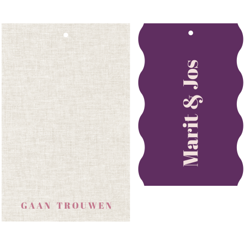 Trouwkaart met golvend label vast met strik paars groen omkeerbaar