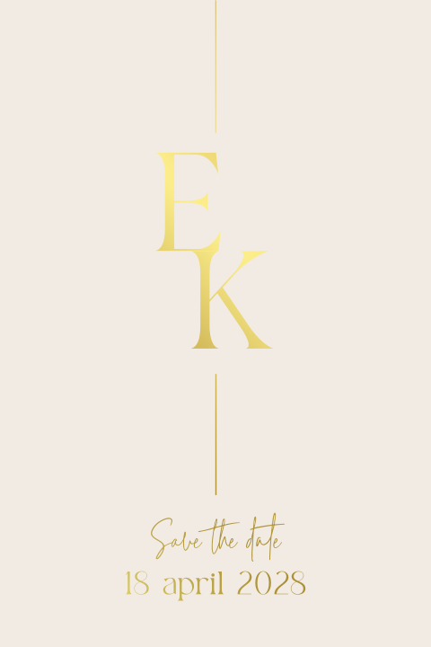 Minimalistische save the date kaart met initialen goudfolie en beige