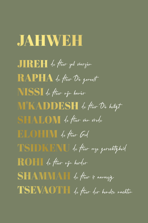 Kaart met de namen van Jahweh God in het Hebreeuws groen met goudfolie