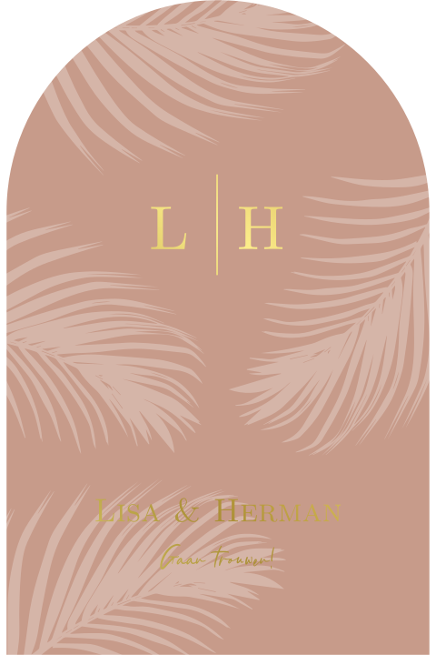 Trouwkaart kerkraam vorm met goudfolie en palmboom bladeren