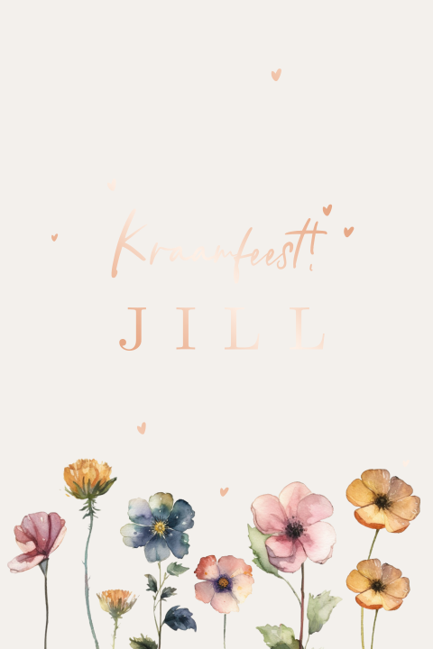 Babyborrel kraamfeest kaartje roséfolie en watercolourbloemen