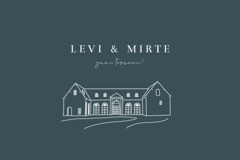 Trouwkaart met lijntekening trouwlocatie minimalistisch blauw