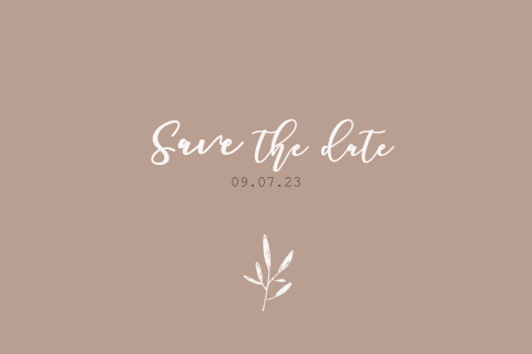 Minimalistische save the date kaart met oud roze tekst en takje