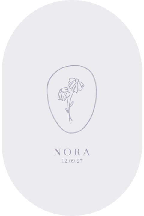 Geboortekaartje meisje ovaal lila paarse kleuren lijntekening bloemen