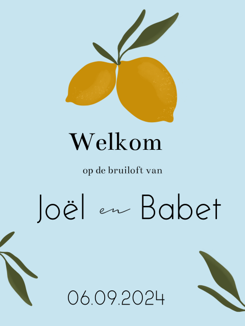 Welkomstbord op de bruiloft met citroentjes en babyblauw italiaans