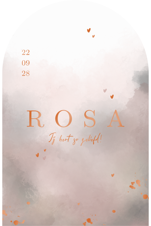 Geboortekaartje meisje boogvorm kerkraam roze watercolour koperfolie