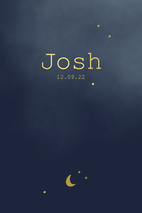 Blauw geboortekaartje voor een jongen met maan en sterren in goudfolie