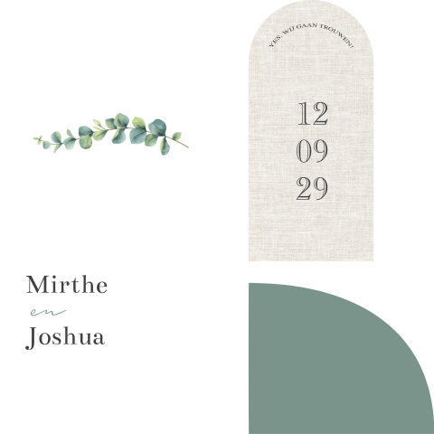 Trouwkaart met labels linnen groen eucalyptus takje
