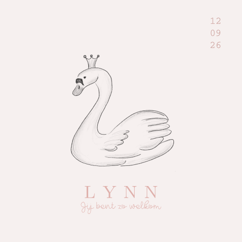 Geboortekaartje meisje met potloodtekening zwaan met kroontje en roze
