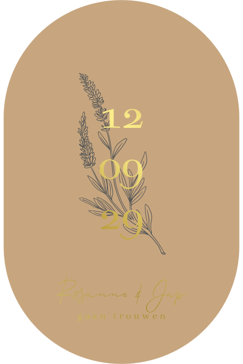 Ovalen trouwkaart oranje met goudfolie datum en lavendel takjes