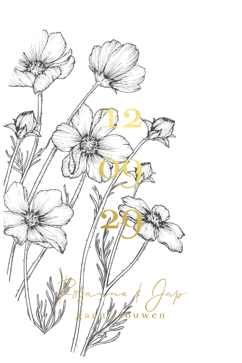 Ovalen trouwkaart met getekende klaprozen bloemen met goudfolie datum