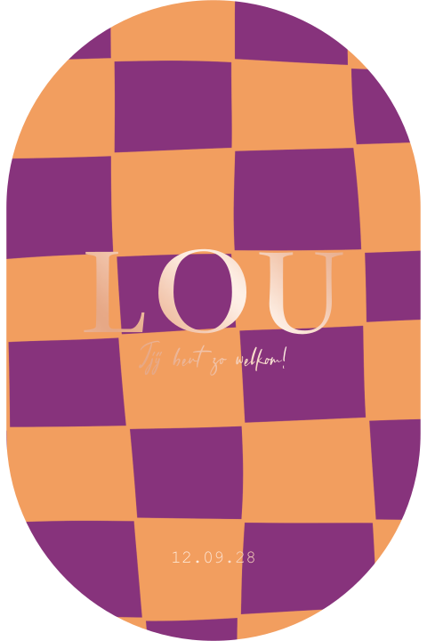 Geboortekaartje meisje color blocking donker paars oranje ruitjes blokjes