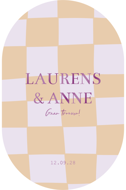Ovalen trouwkaart color blocking ruitjes lila oranje lakfolie
