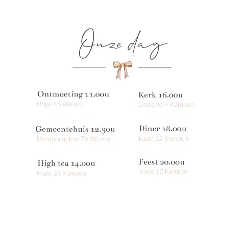 Tijdslijn dagprogramma voor bij de trouwkaart voor jullie daggasten